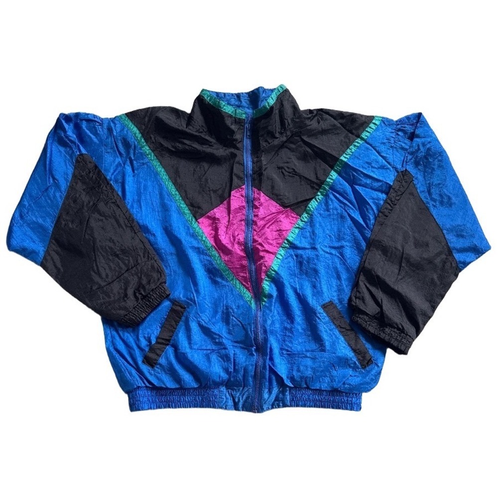 Vintage Colorblock Windbreaker Geometric Jacket Blue Black Magenta Large 80s 90s - Picture 2 of 8